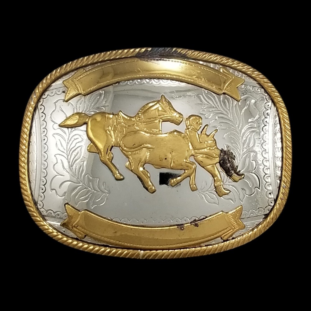 Vintage Belt Buckle Steer Wrestling German‎ Silver Gold Rodeo Western Oval